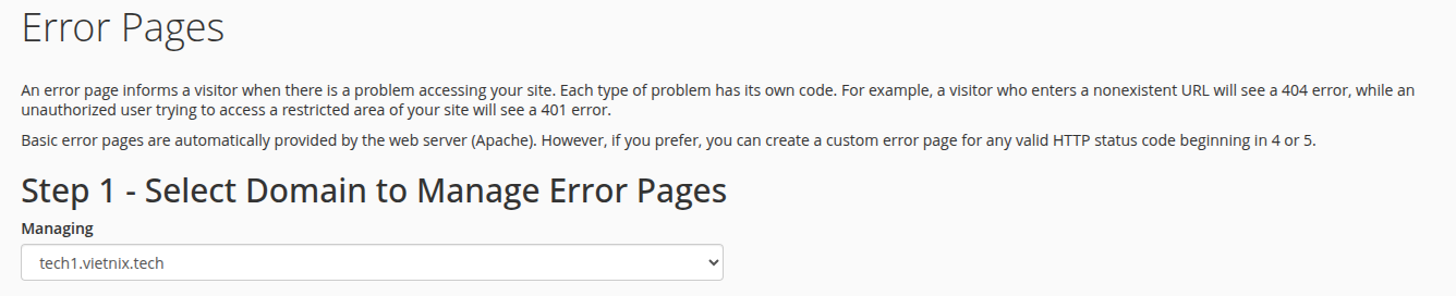 Hướng dẫn tùy chỉnh error pages trên cPanel chi tiết 14 Chọn Domain cần tùy chỉnh