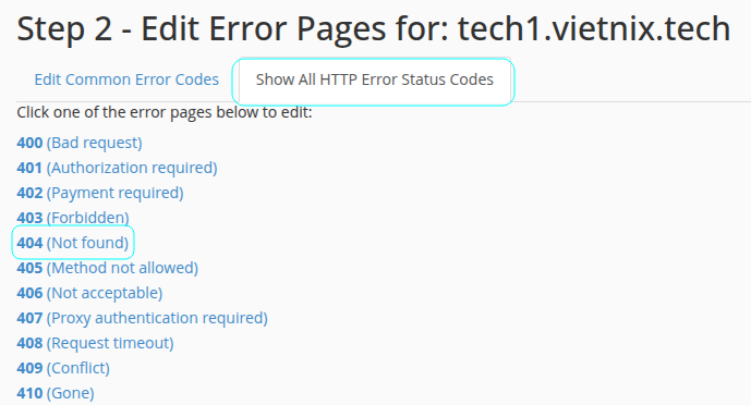 Hướng dẫn tùy chỉnh error pages trên cPanel chi tiết 15 Chọn trang lỗi cần chỉnh sửa