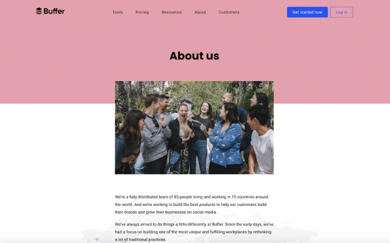 Cách viết trang giới thiệu cho website chuyên nghiệp và thu hút 37 Hình ảnh đội ngũ của Buffer tạo sự gần gũi và xây dựng niềm tin