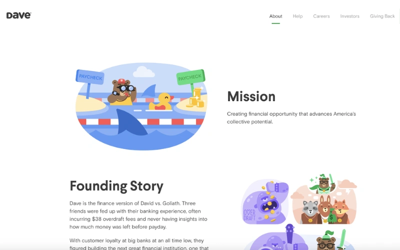 Cách viết trang giới thiệu cho website chuyên nghiệp và thu hút 39 Dave dùng hình minh họa để thể hiện cá tính thương hiệu rất riêng