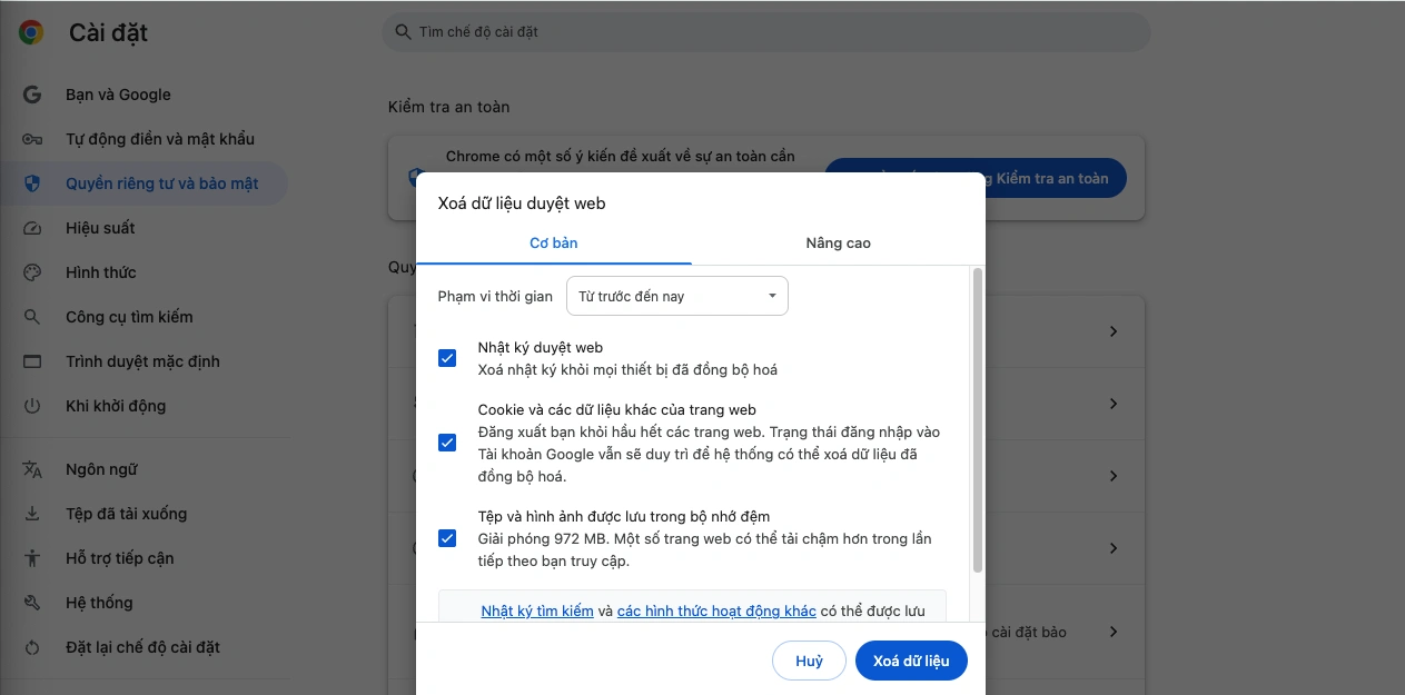 Xóa cache trình duyệt Google Chrome