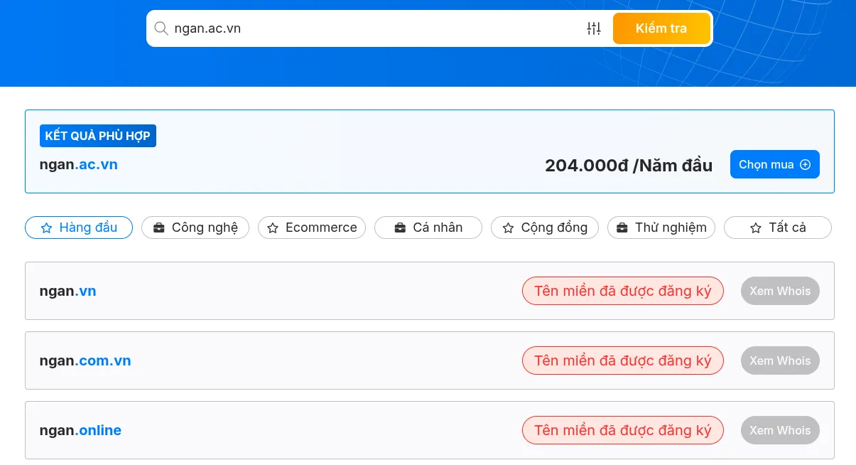 Tìm kiếm tên miền theo nhu cầu