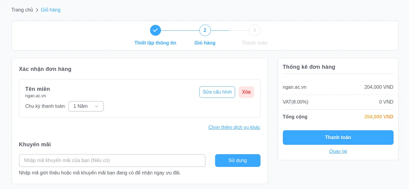 Kiểm tra thông tin, chu kỳ thanh toán và nhập mã khuyến mãi nếu có