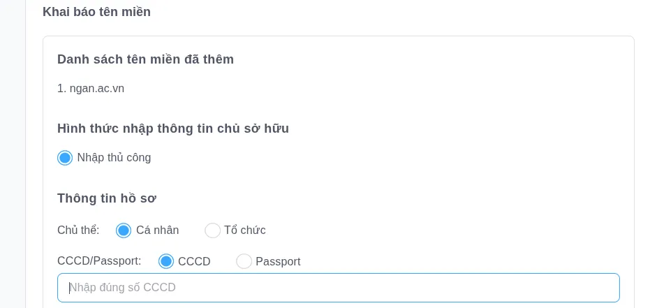 Điền thông tin sở hữu tên miền