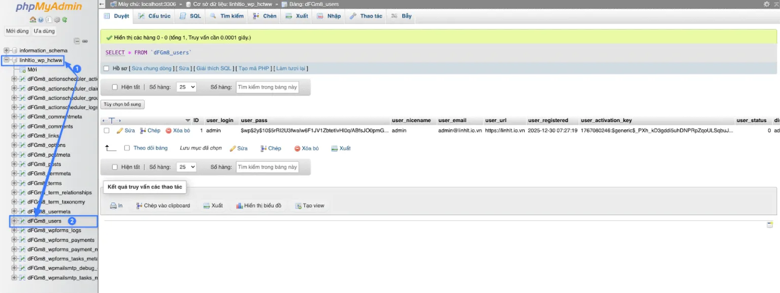 Mở bảng wp_users
