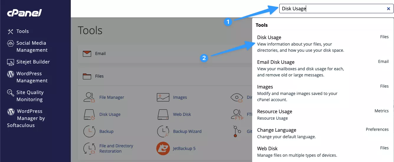Hướng dẫn cách kiểm tra dung lượng hosting nhanh chóng, hiệu quả 42 Gõ Disk Usage và nhấp vào công cụ xuất hiện