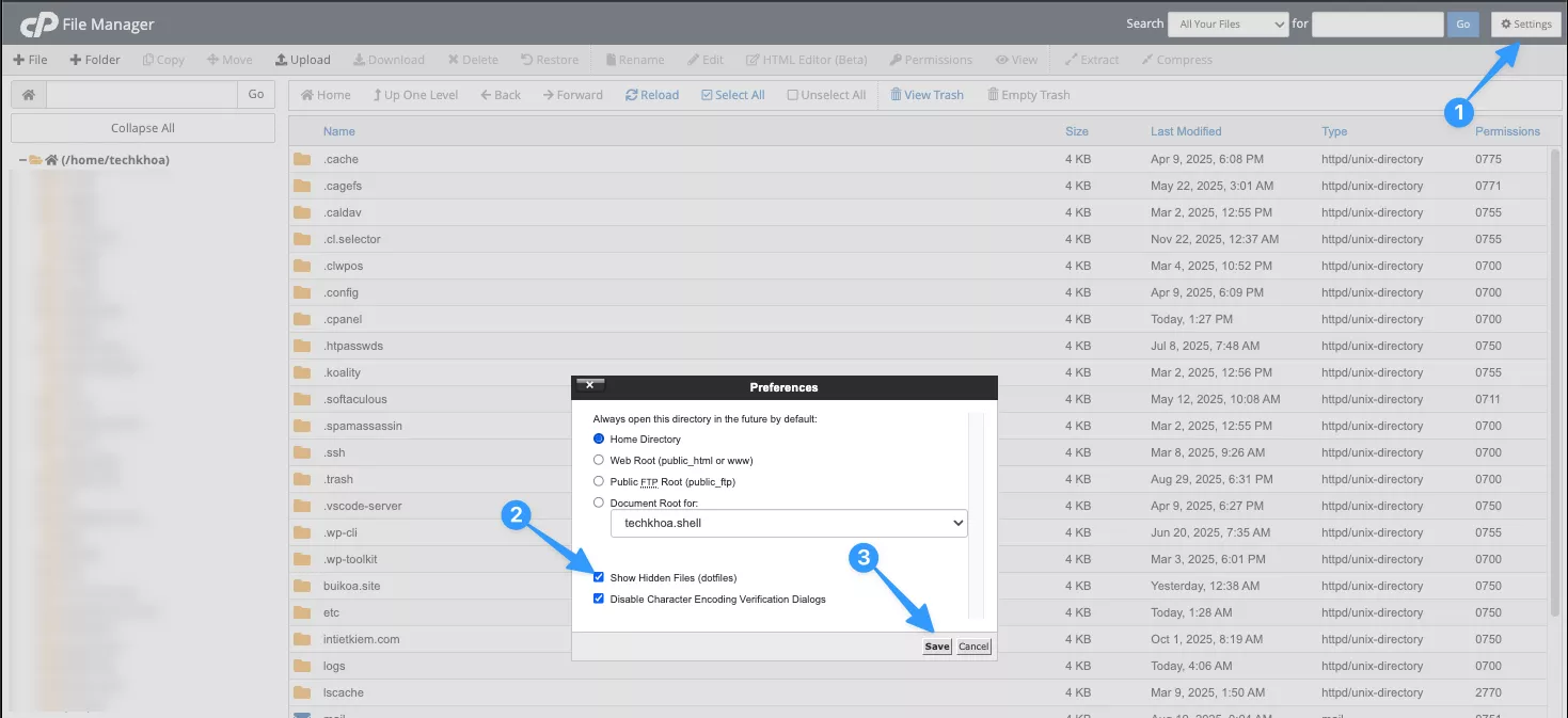 Hướng dẫn cách kiểm tra dung lượng hosting nhanh chóng, hiệu quả 46 Bấm vào Settings ở góc phải trên rồi chọn Document Root for