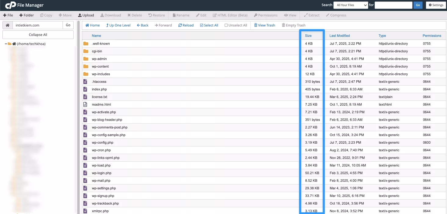 Hướng dẫn cách kiểm tra dung lượng hosting nhanh chóng, hiệu quả 47 Nhấp vào tiêu đề cột Size để sắp xếp từ lớn đến nhỏ