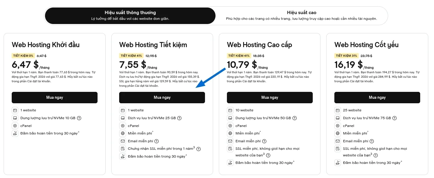 Hướng dẫn mua hosting trên GoDaddy miễn phí tên miền chi tiết từ A-Z 44 Chọn gói hosting phù hợp với nhu cầu