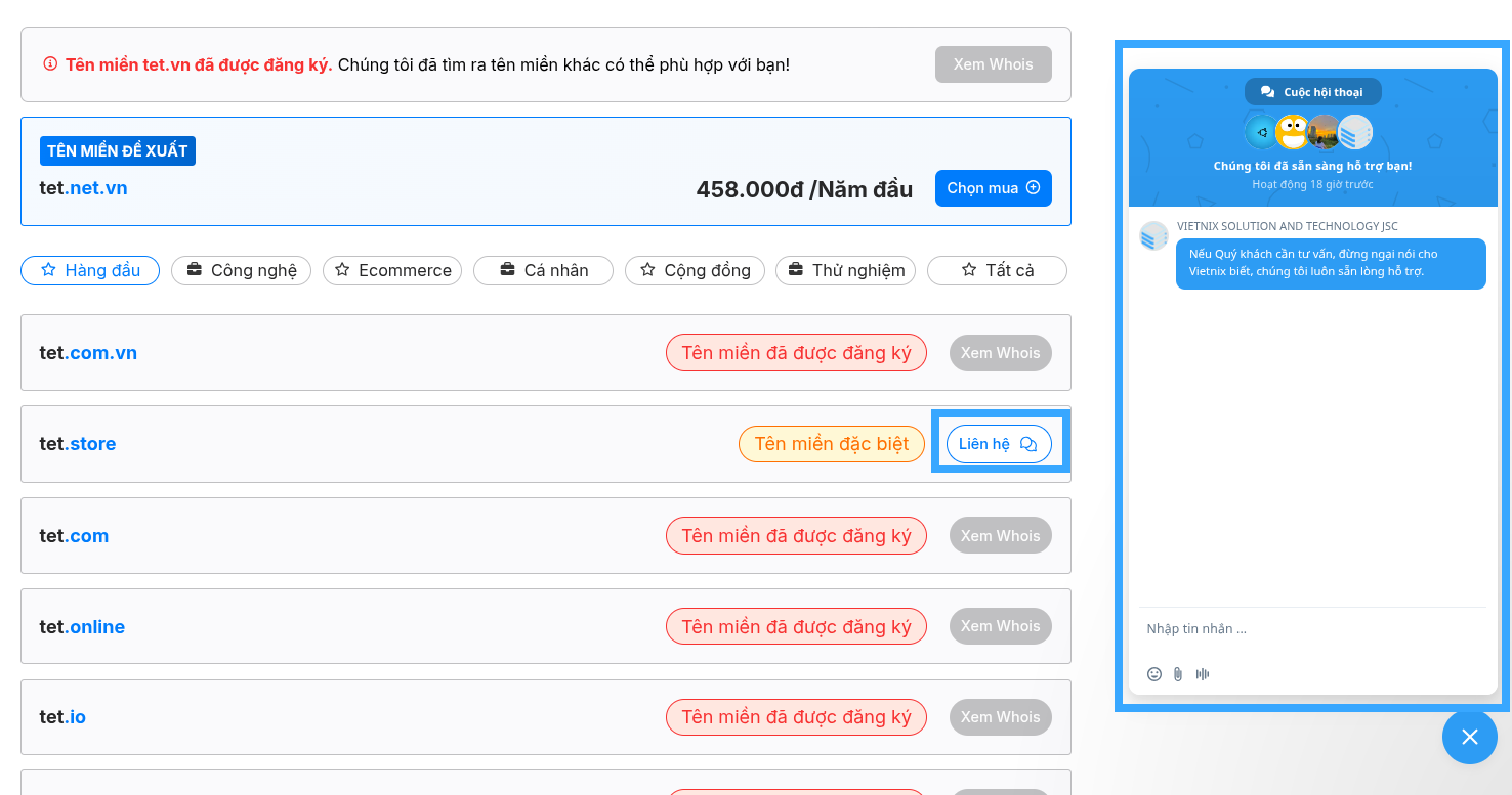 Liên hệ để được đội ngũ Vietnix tư vấn tên miền phù hợp nhất cho website