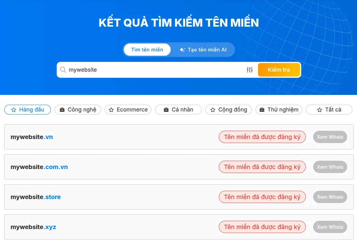 Nhập tên miền mong muốn vào ô tìm kiếm
