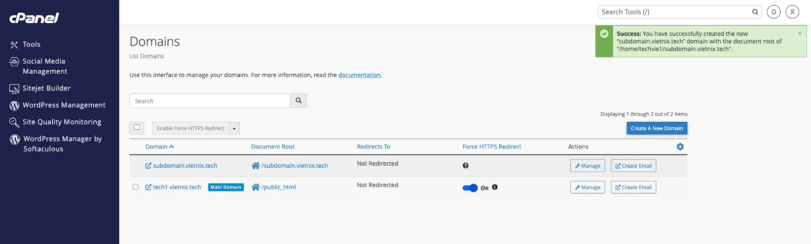 Subdomain sau khi được tạo thành công