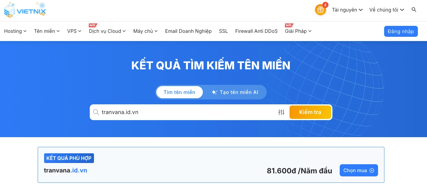 Tìm kiếm tên miền .id.vn mong muốn