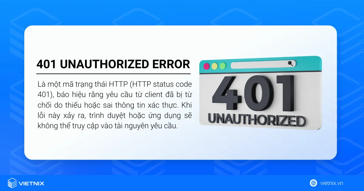 401 UNAUTHORIZED ERROR là gì? Nguyên nhân và cách khắc phục 401 Error 15 Lỗi 401 Unauthorized là một mã trạng thái HTTP báo hiệu rằng yêu cầu từ client đã bị từ chối do thiếu hoặc sai thông tin xác thực