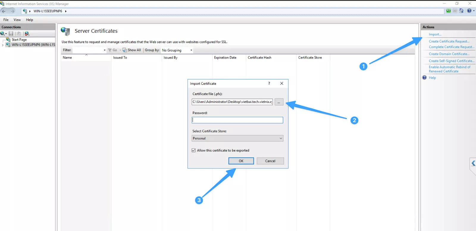 Cửa sổ Import Certificate trong IIS 
