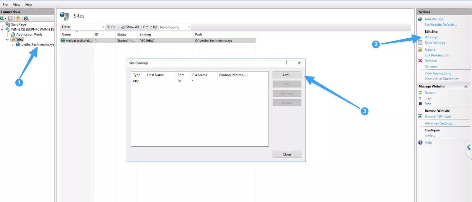 Hộp thoại Site Bindings  