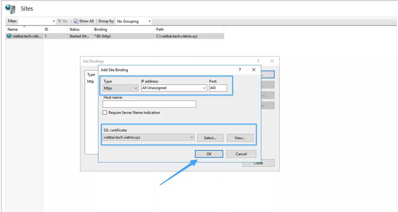 Thêm HTTPS binding và chọn chứng chỉ 