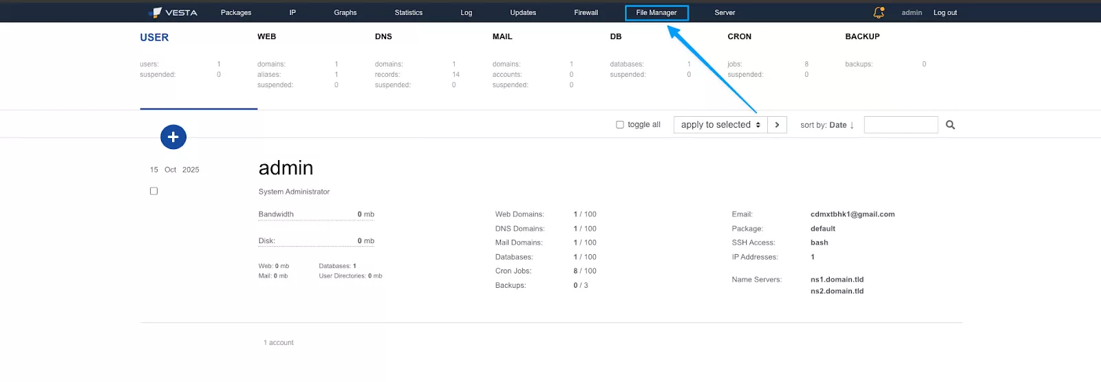 Hướng dẫn bật File Manager trên VestaCP 18 Kết quả hiển thị File Manager