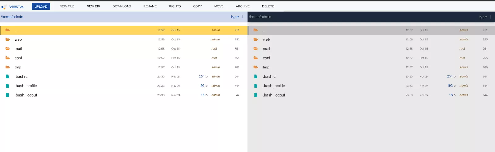 Hướng dẫn bật File Manager trên VestaCP 19 Giao diện File Manager trong VestaCP hiển thị thư mục website