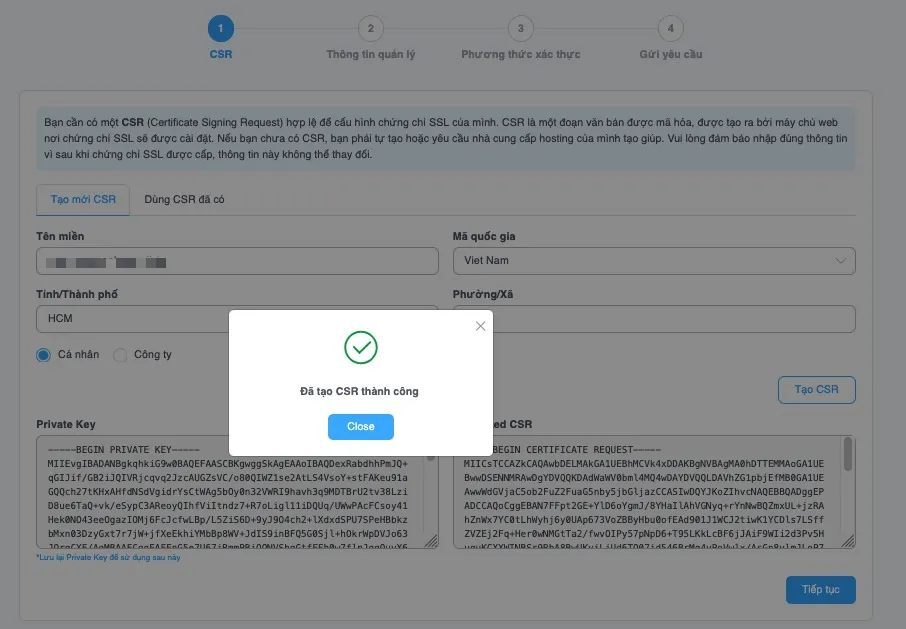 Tạo CSR thành công