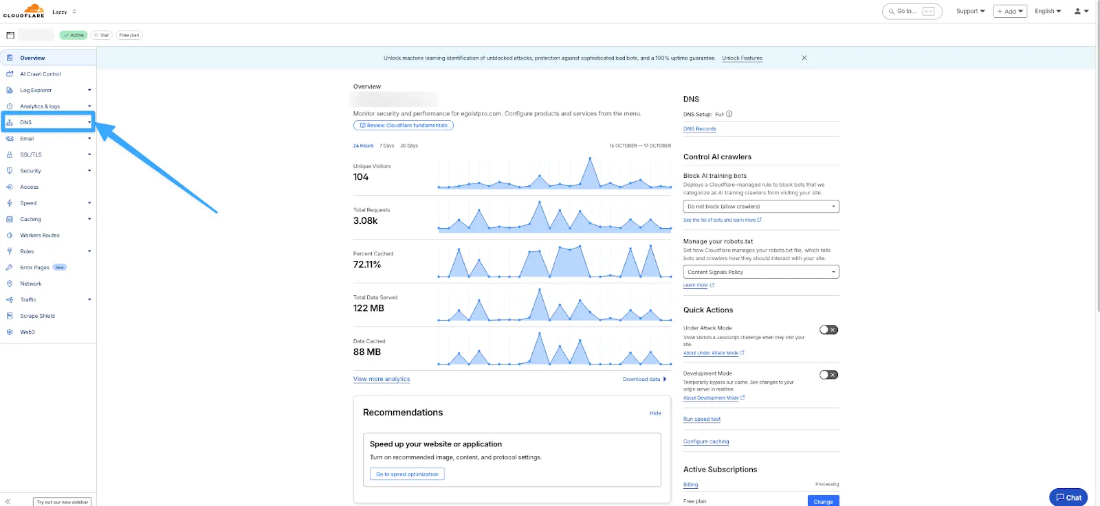 Đăng nhập tài khoản Cloudflare và chọn DNS