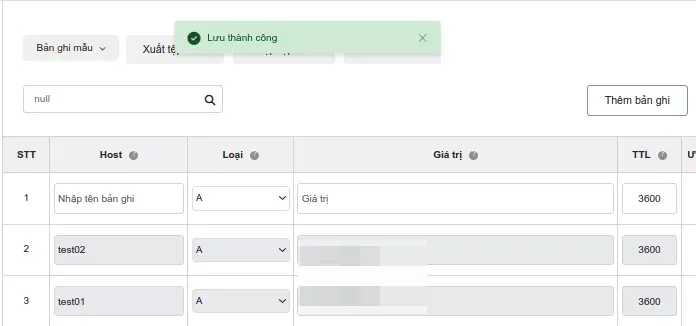 Lưu cấu hình sau khi tạo bản ghi