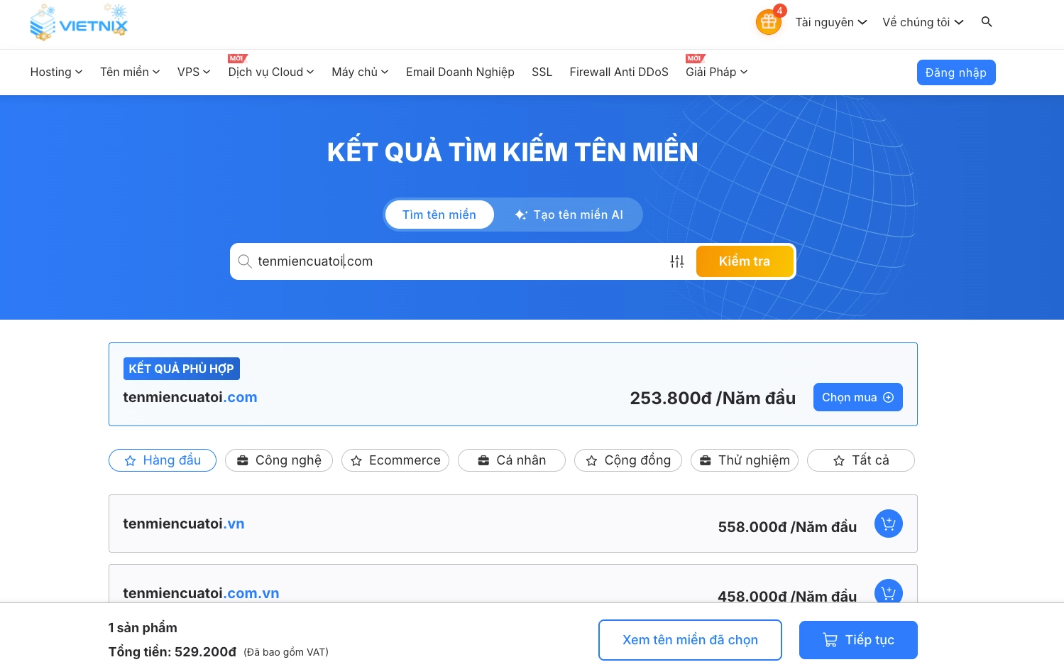 Kiểm tra tên miền và chọn mua