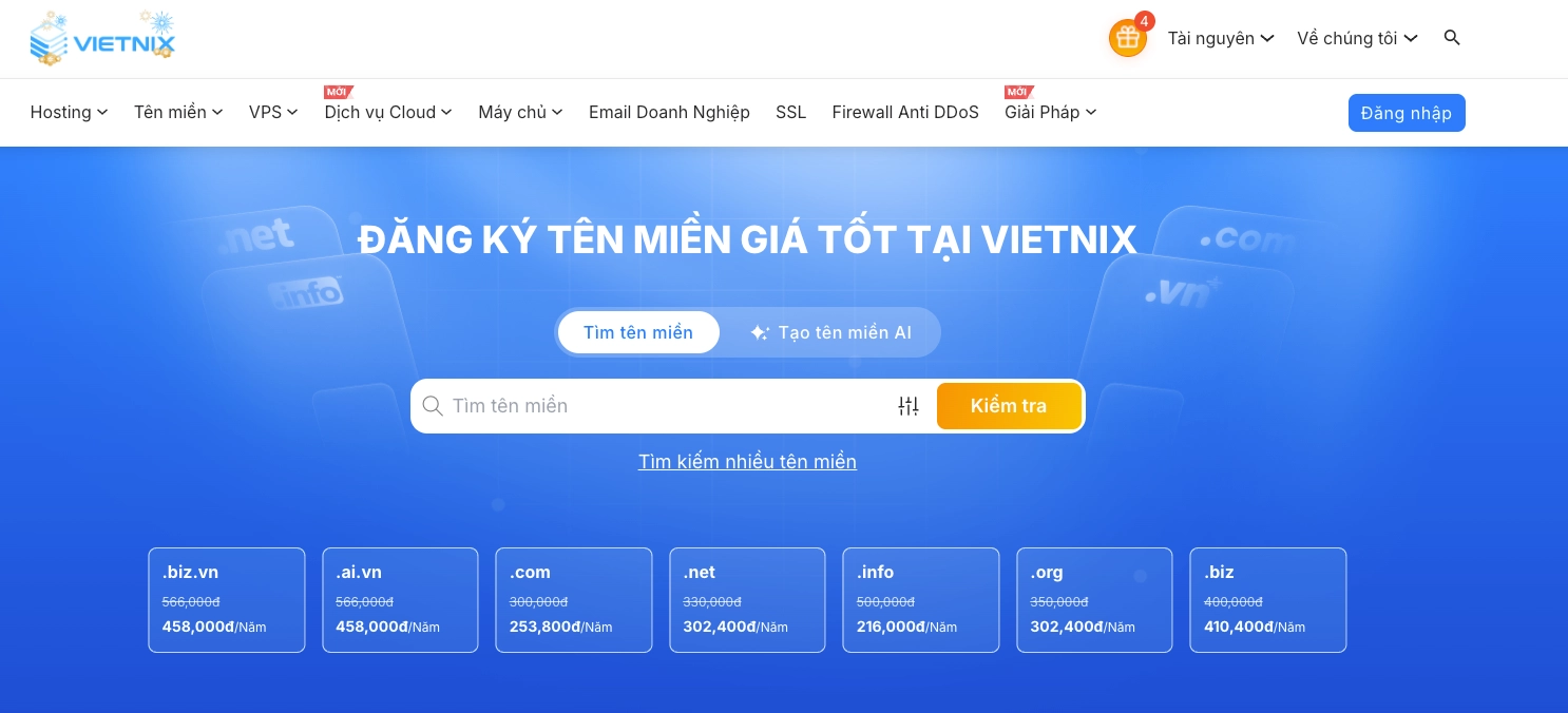 Giao diện đăng ký tên miền đơn giản và trực quan của Vietnix