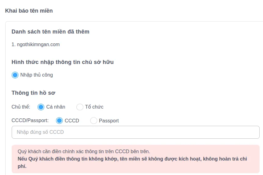 Điền đầy đủ thông tin chủ sở hữu