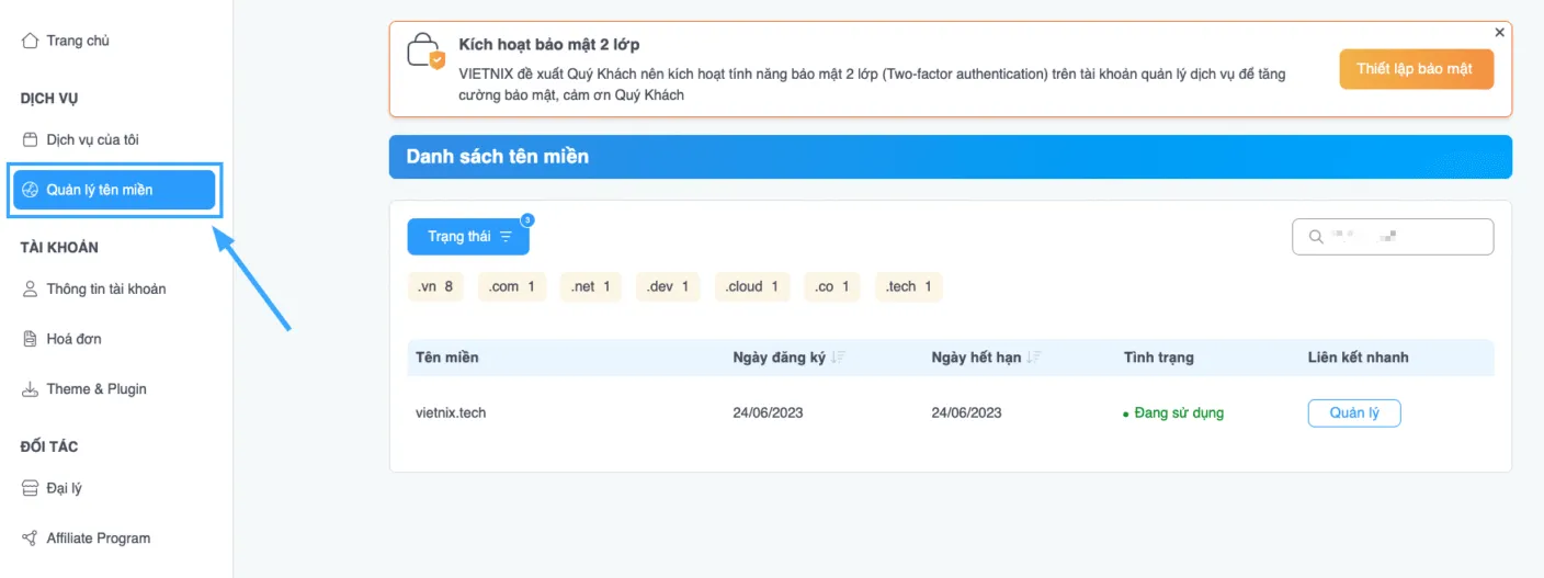 Quy cập mục Quản lý tên miền