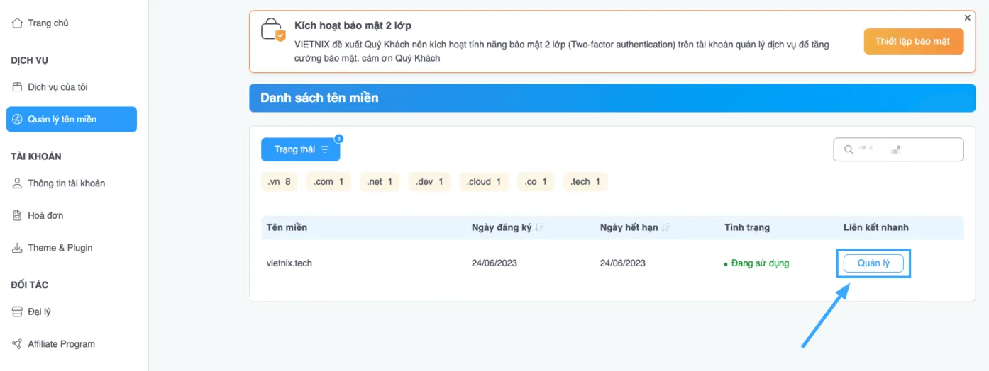 Truy cập phần quản lý nameserver