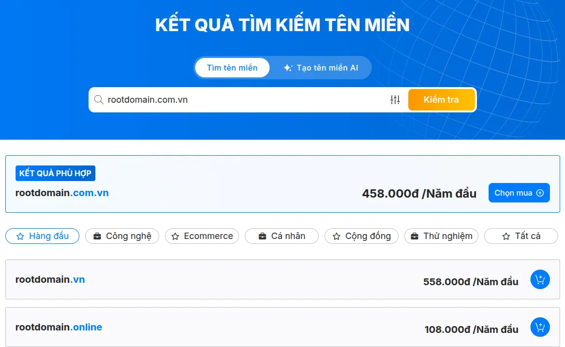 Root Domain là gì? Hướng dẫn đăng ký Root Domain đơn giản, chi tiết nhất 22 Điền tên miền muốn đăng ký vào ô tìm kiếm