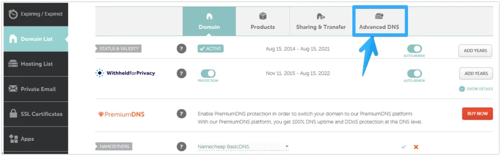 Chọn tab Advanced DNS