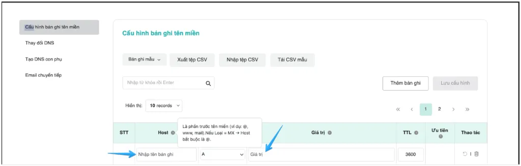 Nhập các thông tin bản ghi 