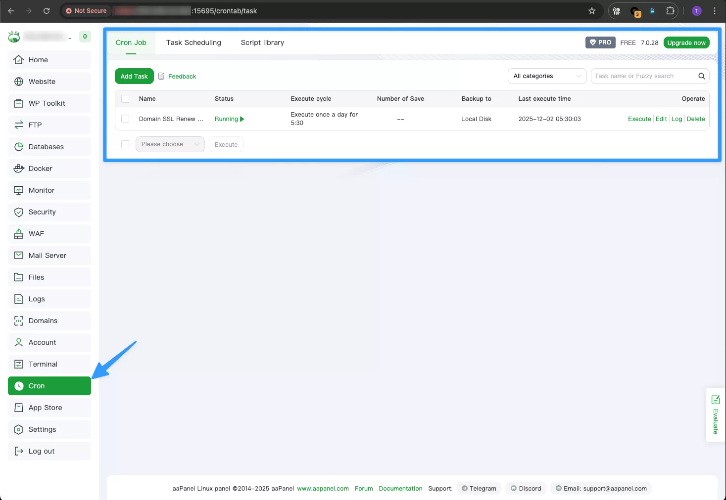 Hướng dẫn cấu hình cronjob trên aaPanel 11 Vị trí Cron trong menu aaPanel