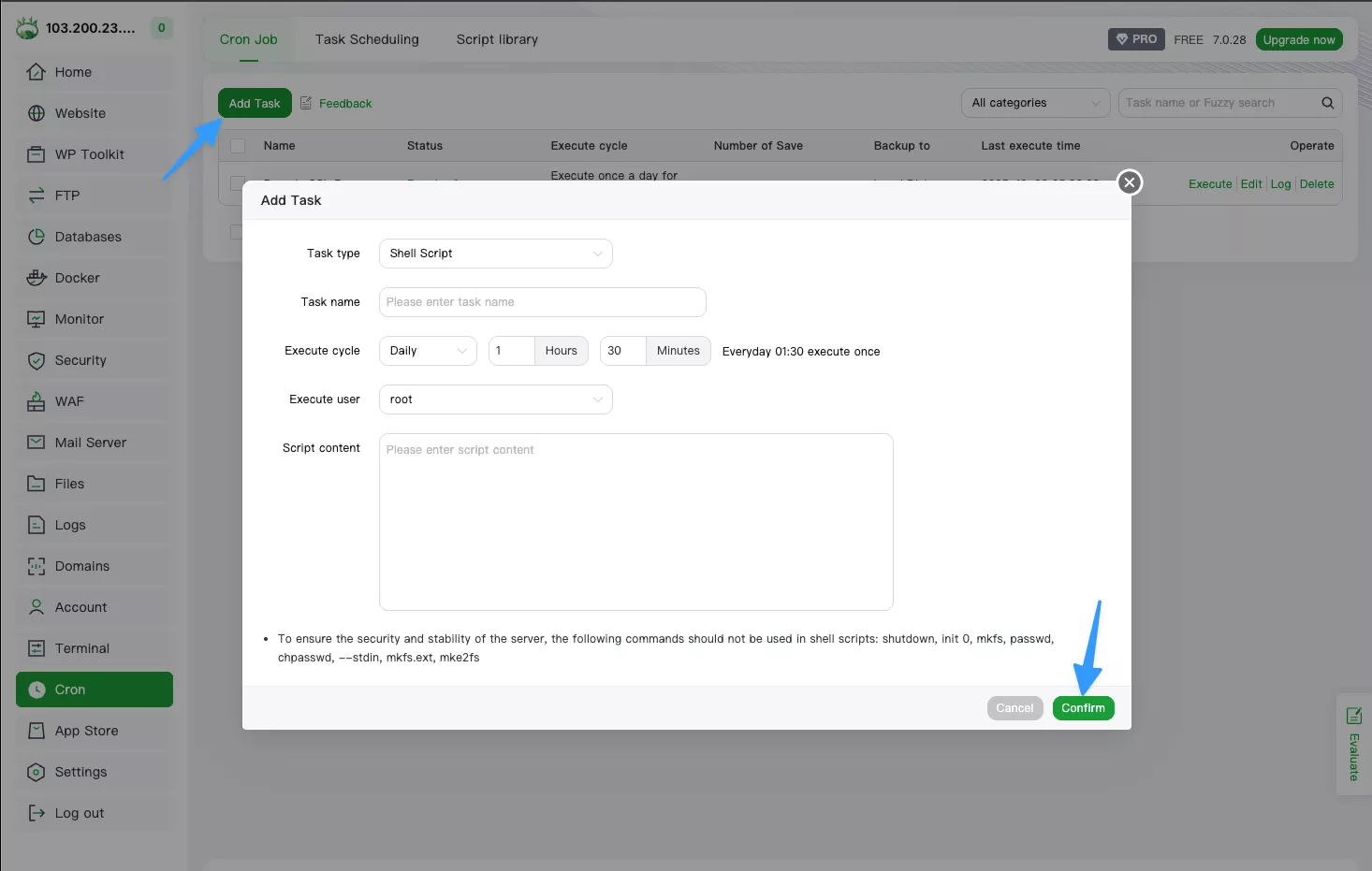 Hướng dẫn cấu hình cronjob trên aaPanel 12 Thêm cronjob mới