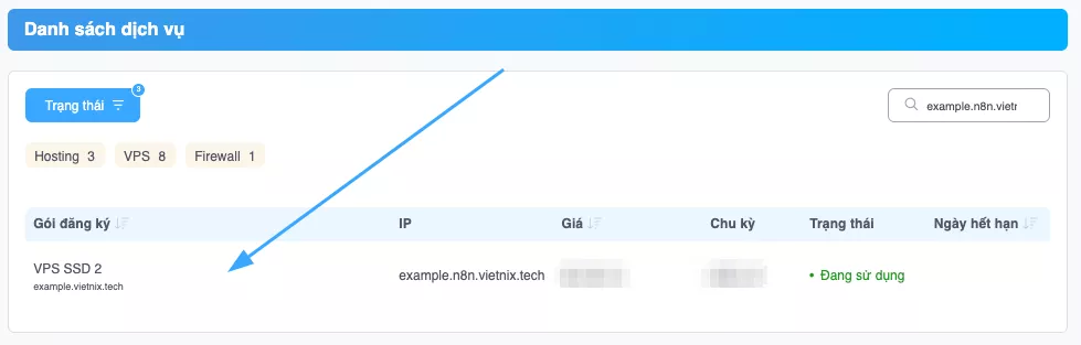 Chọn dịch vụ VPS cần kiểm tra 