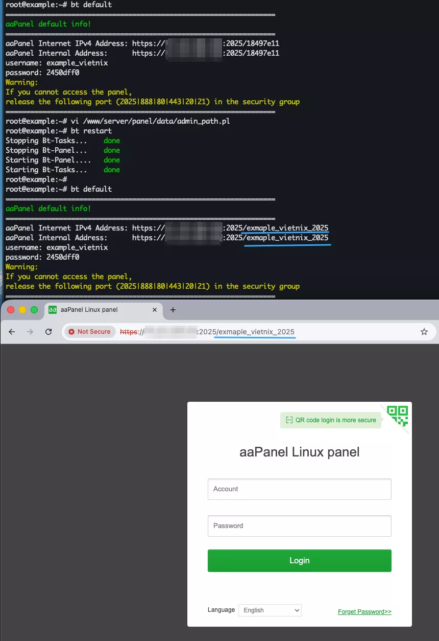 Hướng dẫn đổi thông tin quản trị aaPanel chi tiết 45 Truy cập trang quản trị aaPanel với Security Entrance mới