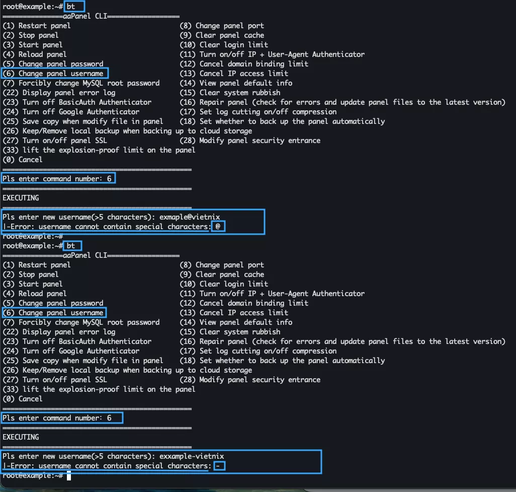 Hướng dẫn đổi thông tin quản trị aaPanel chi tiết 38 Thông báo lỗi khi đổi username aaPanel