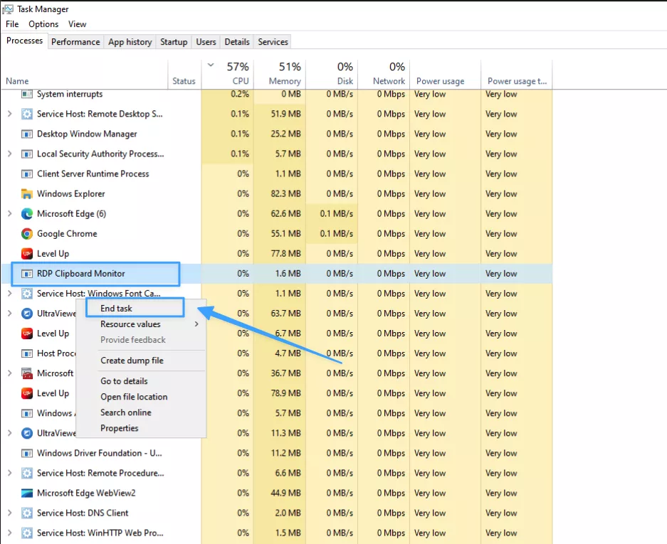 Hướng dẫn cách khắc phục lỗi không copy paste được trong Remote Desktop 17 Khởi động lại tiến trình Clipboard rdpclip.exe bằng Task Manager