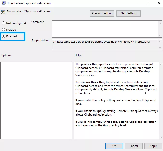 Hướng dẫn cách khắc phục lỗi không copy paste được trong Remote Desktop 23 Chỉnh sửa chính sách Do not allow Clipboard redirection
