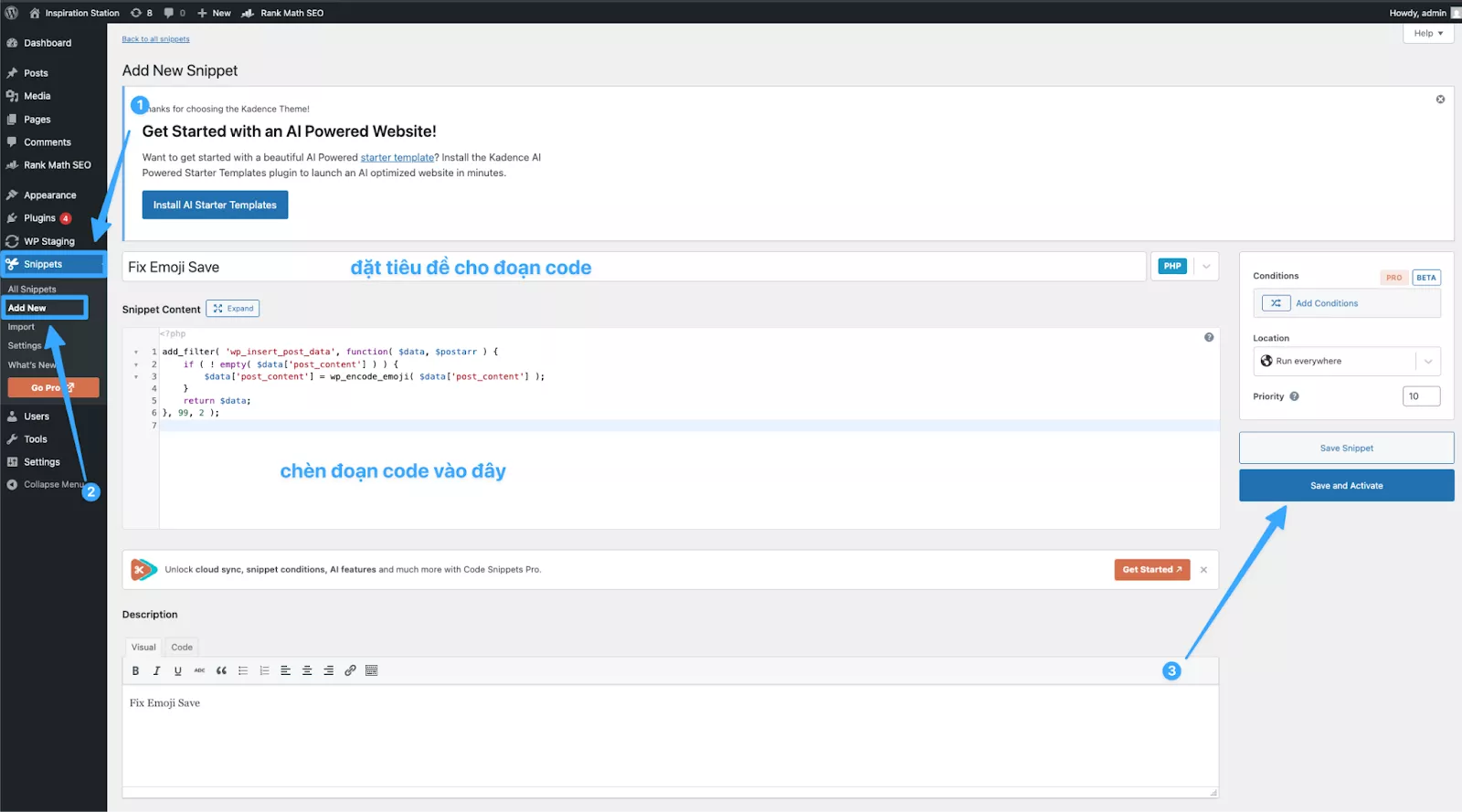 Cách sửa lỗi lưu bài viết WordPress khi có ký tự emoji chi tiết 26 Thêm code trên Snippets