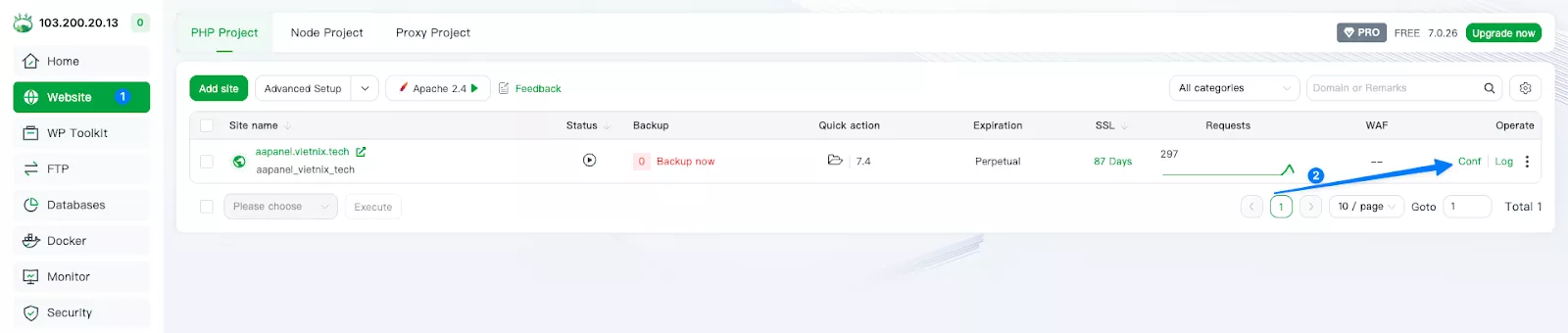 Hướng dẫn cài đặt chứng chỉ SSL cho website trên aaPanel chi tiết 21 Truy cập Configuration tại website cần cài SSL