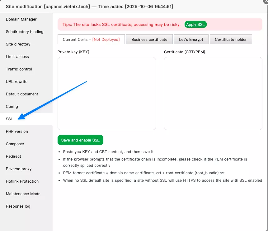 Hướng dẫn cài đặt chứng chỉ SSL cho website trên aaPanel chi tiết 22 Truy cập vào mục SSL