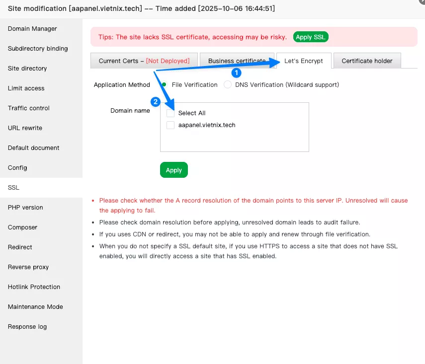 Hướng dẫn cài đặt chứng chỉ SSL cho website trên aaPanel chi tiết 23 Tick tất cả tên miền cần chứng thực
