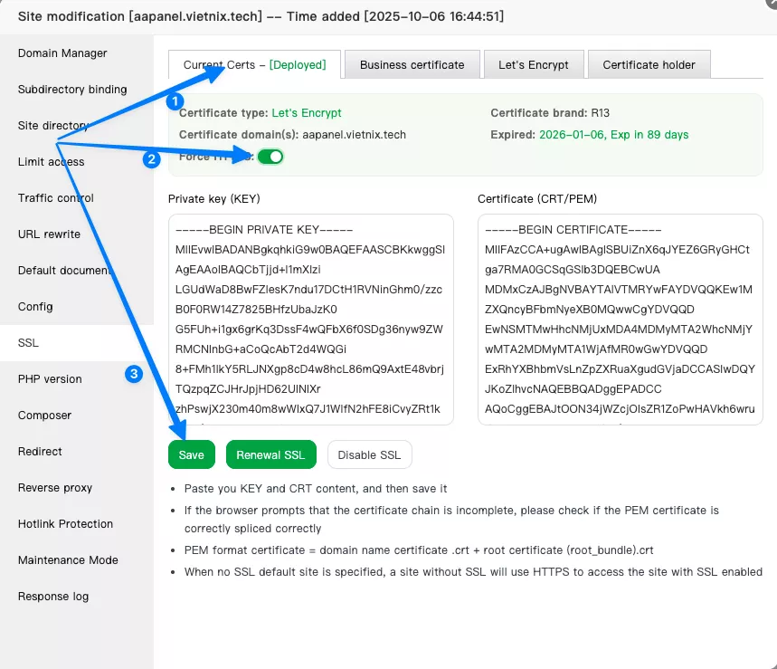 Hướng dẫn cài đặt chứng chỉ SSL cho website trên aaPanel chi tiết 26 Tick chọn Force HTTPS