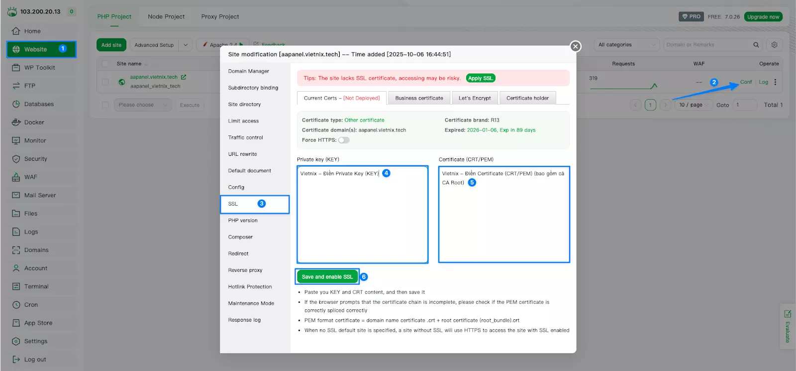 Hướng dẫn cài đặt chứng chỉ SSL cho website trên aaPanel chi tiết 27 Điền đầy đủ các thông tin quan trọng