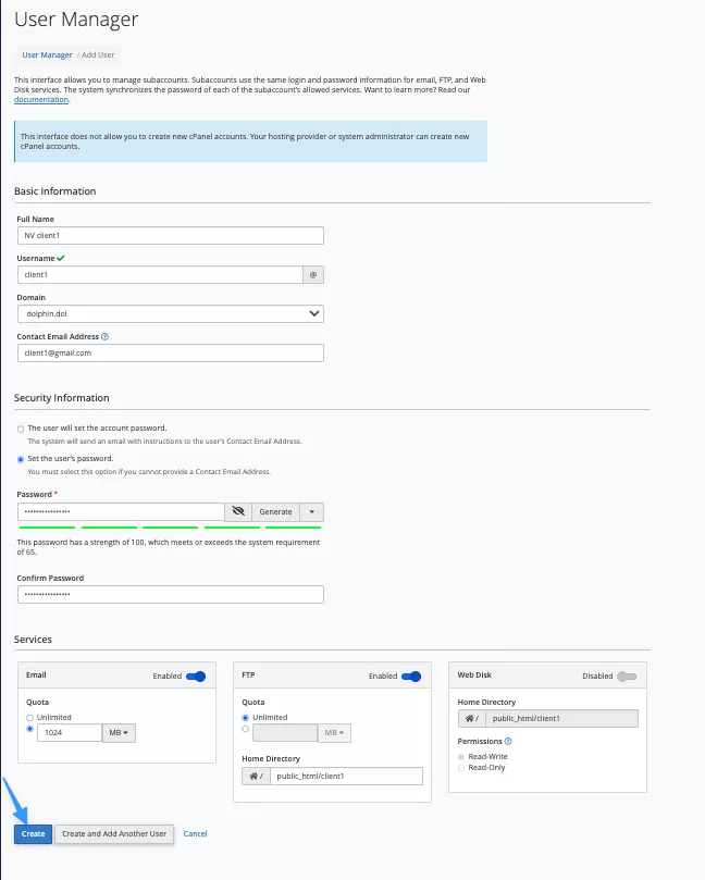 Hướng dẫn tạo Subaccounts trên cPanel nhanh chóng 21 Nhấn Create để tạo