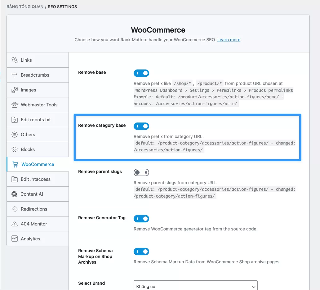 Hướng dẫn xóa /category/ trong URL WordPress chi tiết cho người mới 18 Vị trí của tùy chọn Remove Category Base với nút gạt đang ở trạng thái ON