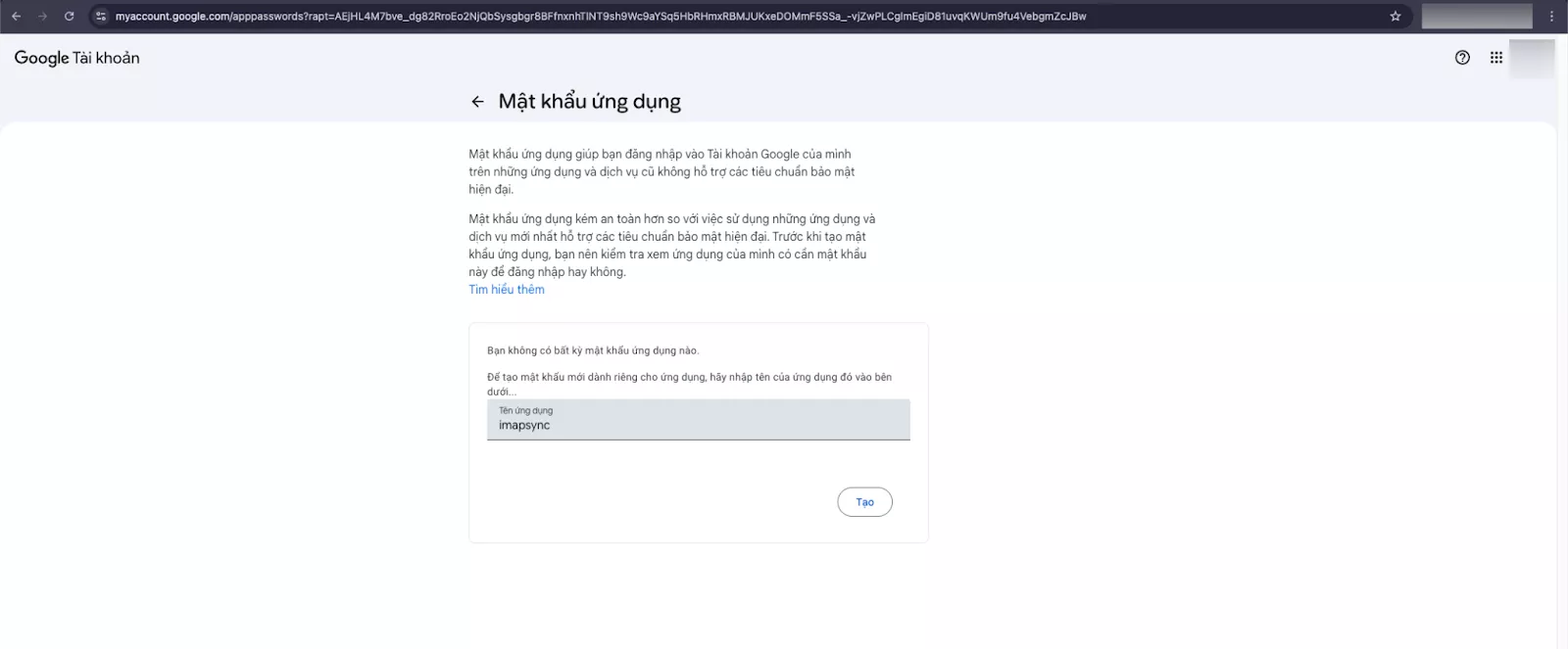 Tạo App Password mới